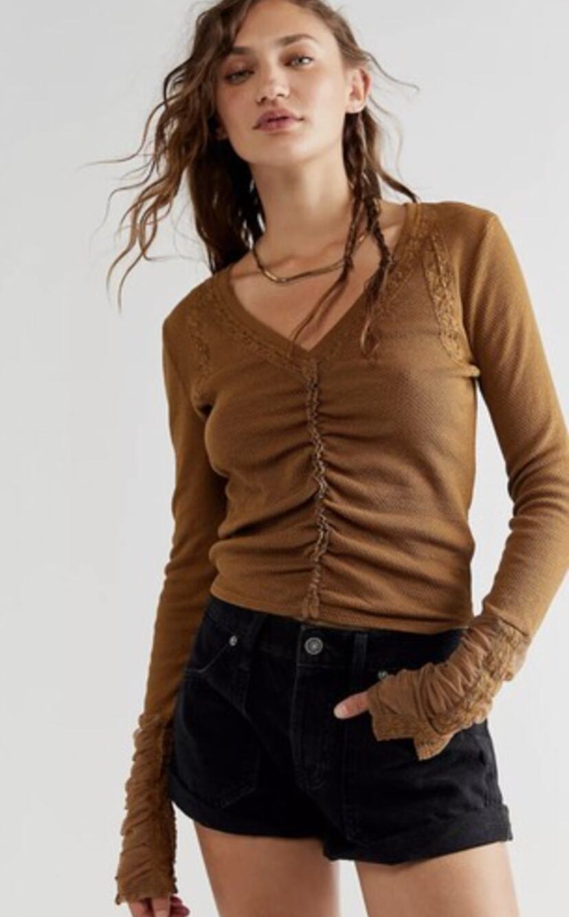 Free People Wear Me Out Brown Waffle Knit Ruched Mesh Sleeve Top Small